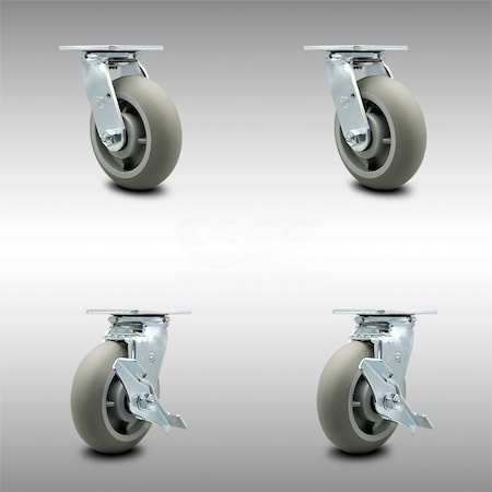 6 Inch SS Thermoplastic Rubber Swivel Caster Set With Ball Bearing 2 Brakes SCC